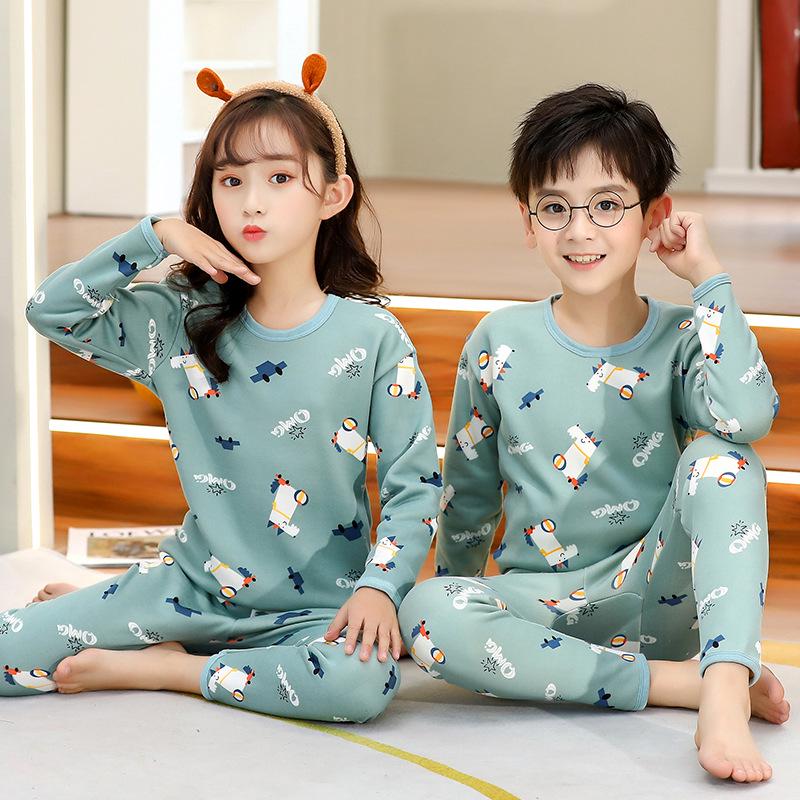 Kids' Thermal Fleece Pajama Set: Round Neck, Thickened for Winter, Unisex Design