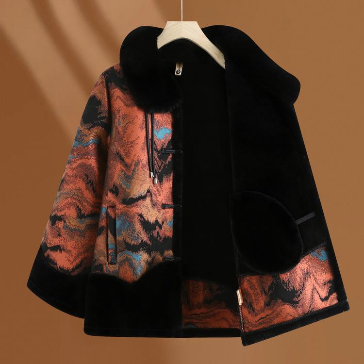 Middle-aged and Elderly People Thickened Winter Jacket Female Mother Winter Fur Collar Coat Old Lady Grandma Keeps Warm Plus Velvet Fur