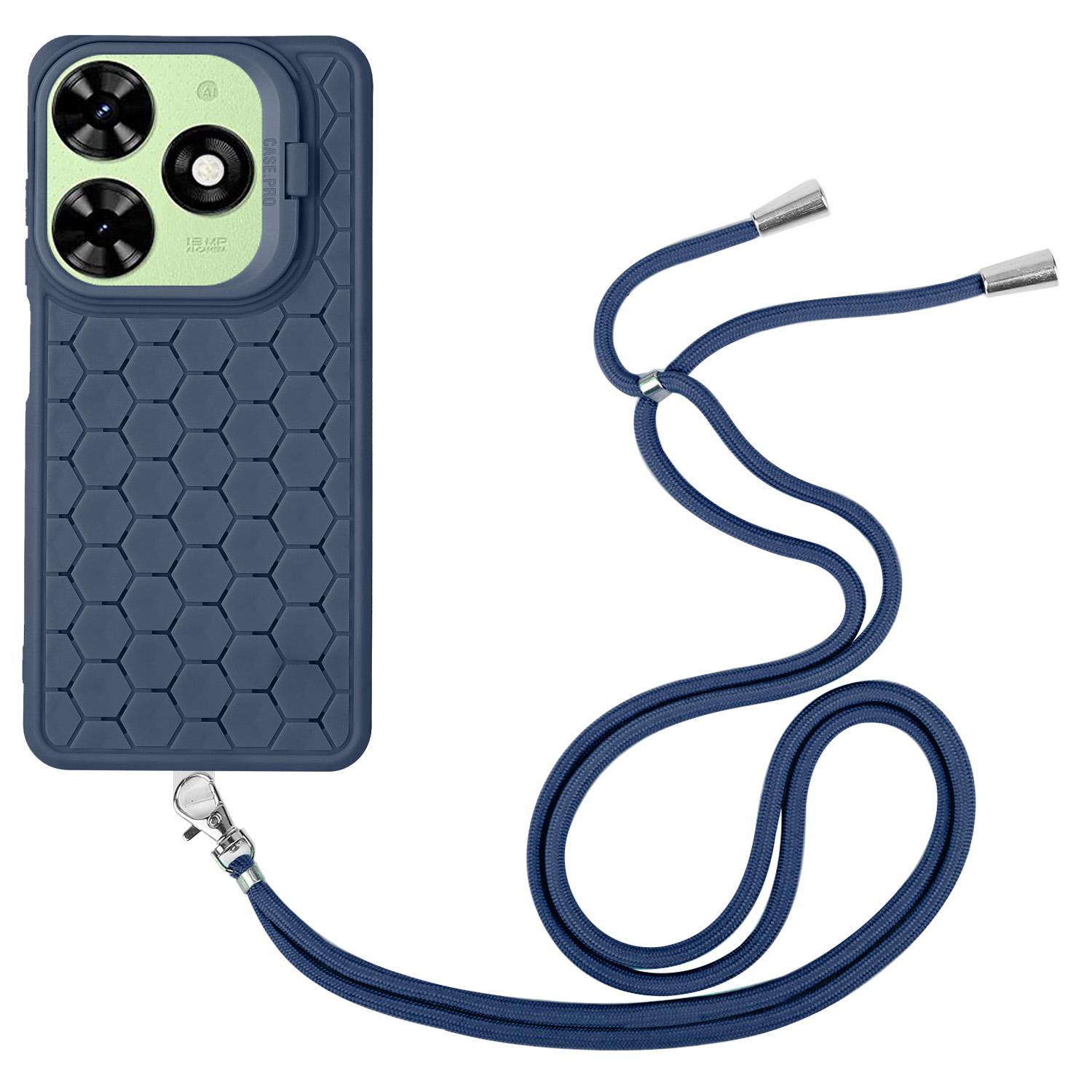 

For TECNO Spark 20C Lanyard Case Kickstand TPU Phone Cover Honeycomb Hole Heat Dissipation Dark Blue