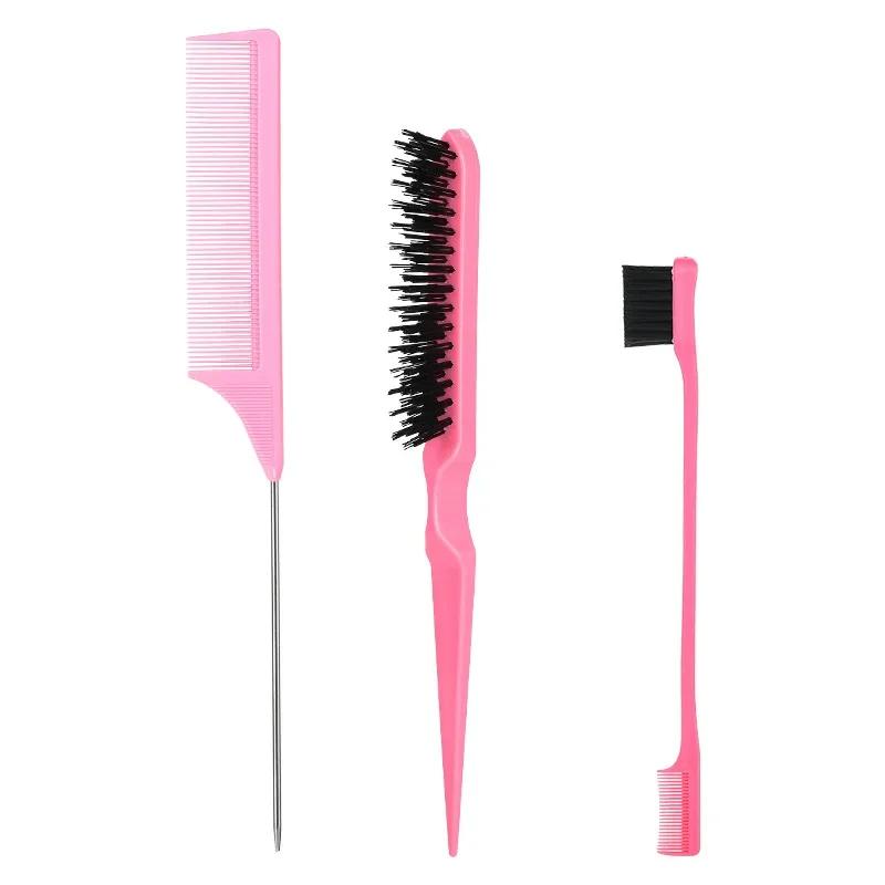 New 3Pcs Slick Back Hair Brush Set Bristle Hair Brush Brush Teasing Comb for Women Baby Kids Black Hair