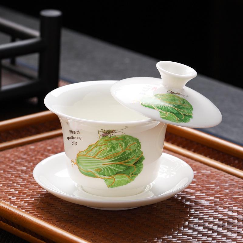 Sheep Fat Jade Porcelain Rotating Gaiwan High-End Ceramic Gongfu Tea Set