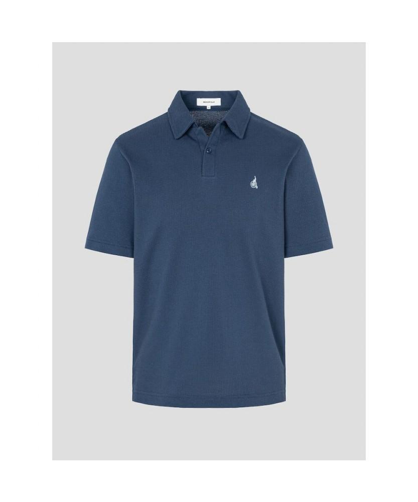 Binpolmen Open-Neck Soft Crescent Pique T-Shirt Blue