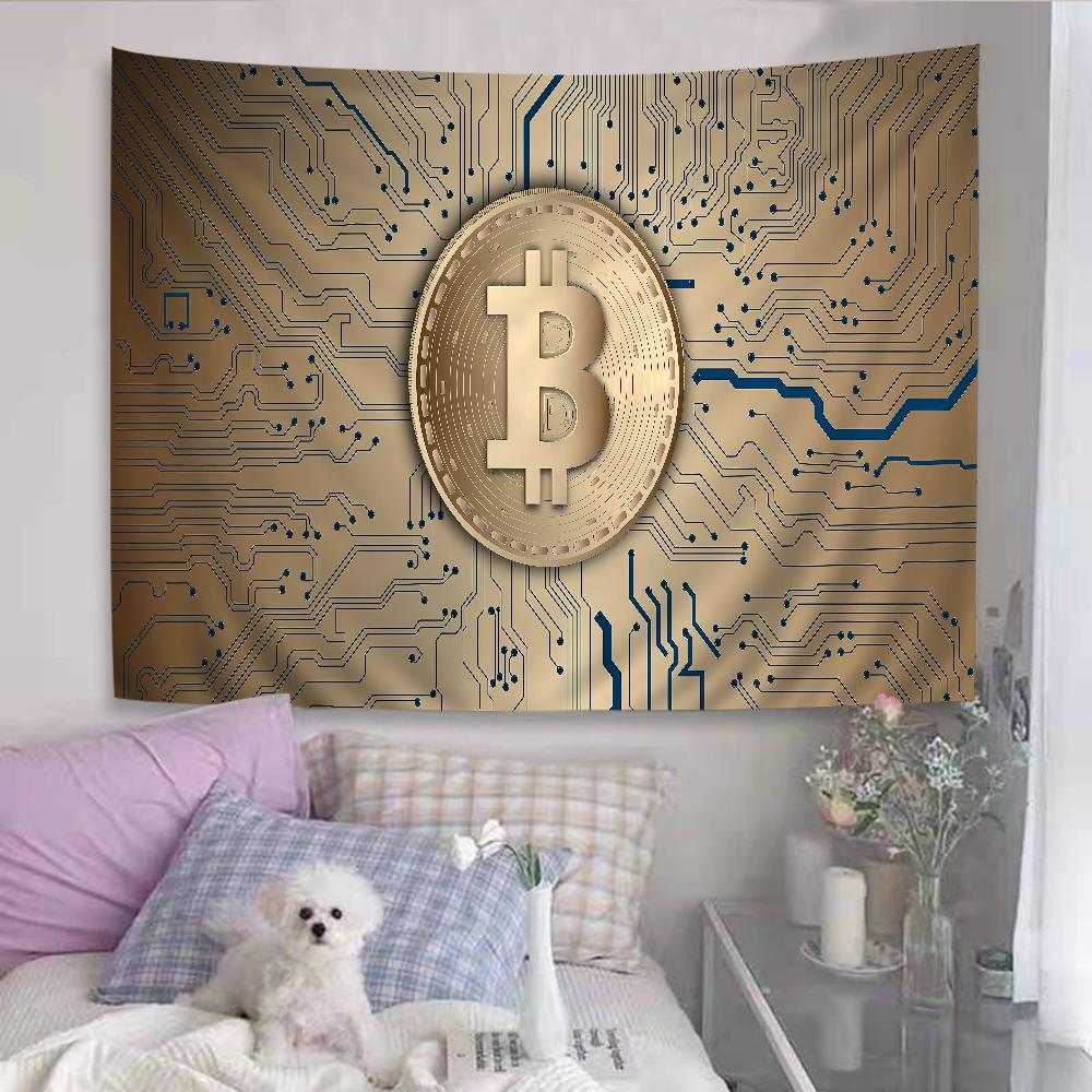 Virtual Currency Bitcoin Colorful Tapestry Wall Hanging Hippie Flower Wall Carpets Dorm Decor Wall Art Decor