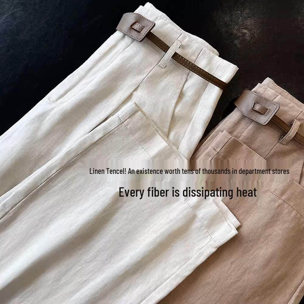 Women s High-Waist Tencel Linen Slim Fit Straight-Leg Wide Pants Medium