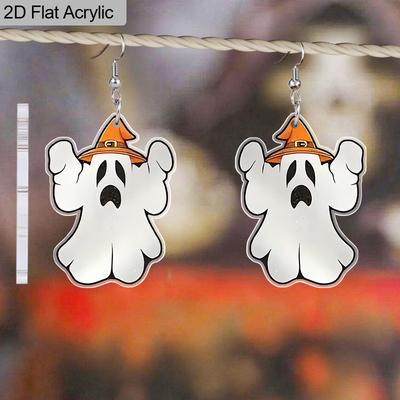 2D Flache Halloween Ohrringe für Frauen Kreative Schöne Geisterohrringe Hexenhut Geist Holzohrringe Halloween Accessoires