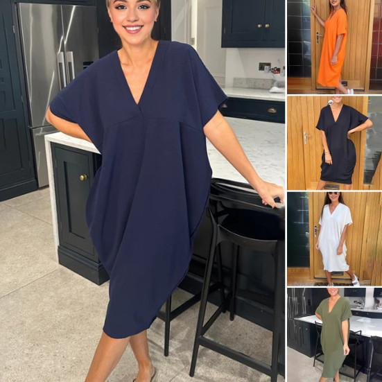 Dámské letní šaty s výstřihem do V, pytlovité, volné, tenké, s krátkým rukávem, rychleschnoucí, áčkové, délka do poloviny lýtek, ležérní, denní nošení, midi šaty