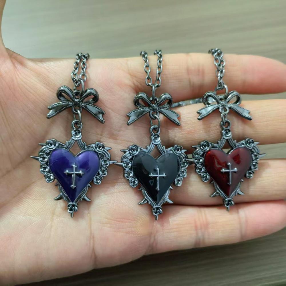 Geometric Thorn Cross Heart Pendant Necklace for Women Retro Sweet Bowknot Clavicle Chain Gothic Punk Jewelry Gift