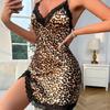 Satin Leopard Print Cami Nightgown Black Lace Deep V High Slit Sexy Slim Fit Loungewear 707 Bold Seductive Sleepwear with Wild Print Charm