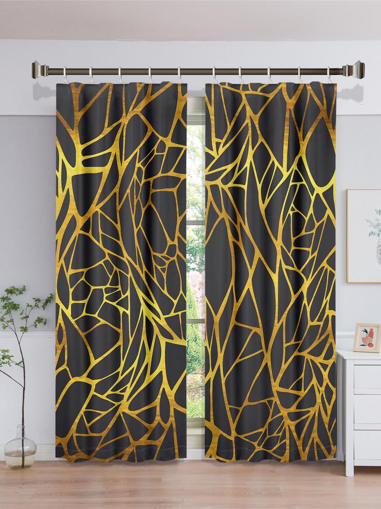Abstract Geometric Black Gold Cool Affordable Boys Curtain designed for Living Room Space 2Pieces Kids Bedroom Children WindowsBathroom Decor Hooks