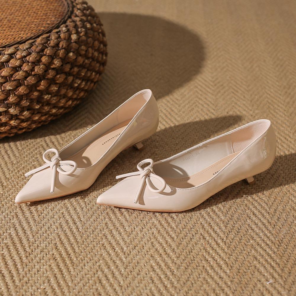 Absatzschuhe für Damen Neue flache Öffnung Kleiner Absatz Einzelne Schuhe Damen Spitz zulaufende Spitze Lackleder Schleife Damenschuhe