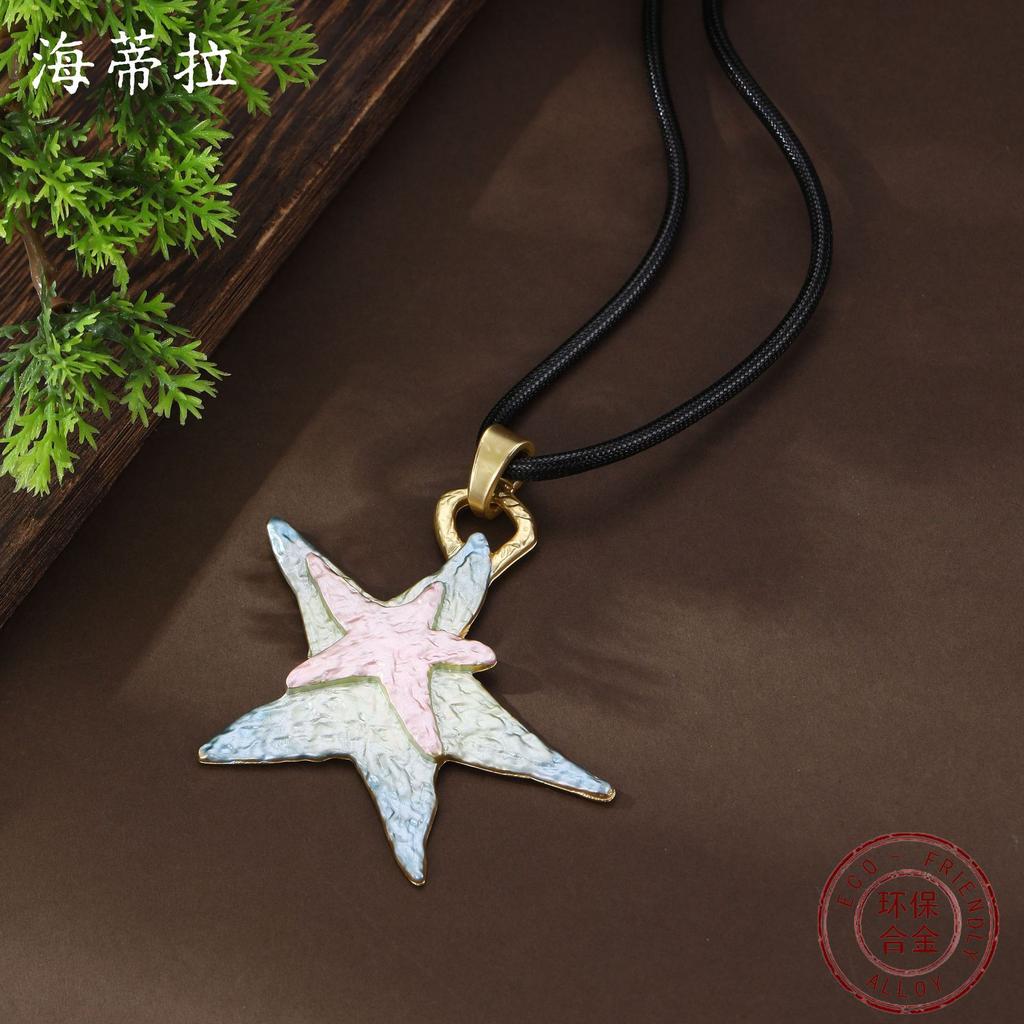 New Gradual Change Enamel Color Pentagram Leather Rope Long Pendant Women's High Sense Star Long Necklace