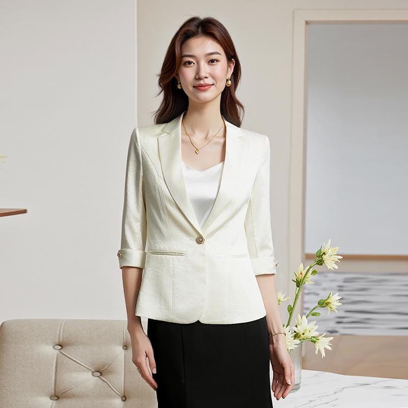 Women's Unique White Acetate Satin Blazer - Seven-Sleeve Short Design for Spring & Autumn