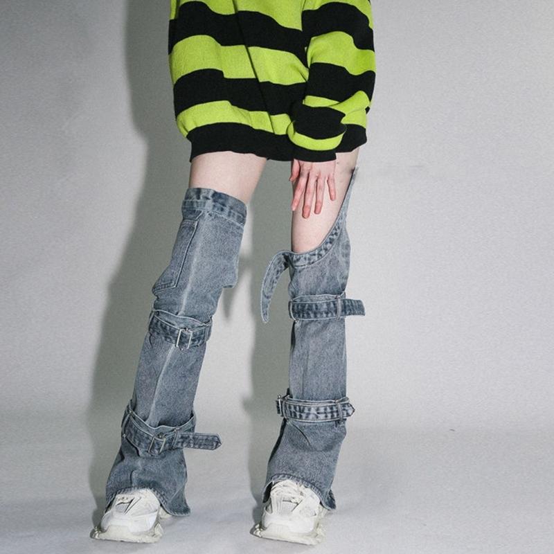 Womens Harajuku Punk Rock Denim Leg Warmer Socks Gothic Bandage Buckled Knee High Foot Cover Aesthetic Grunge Streetwear