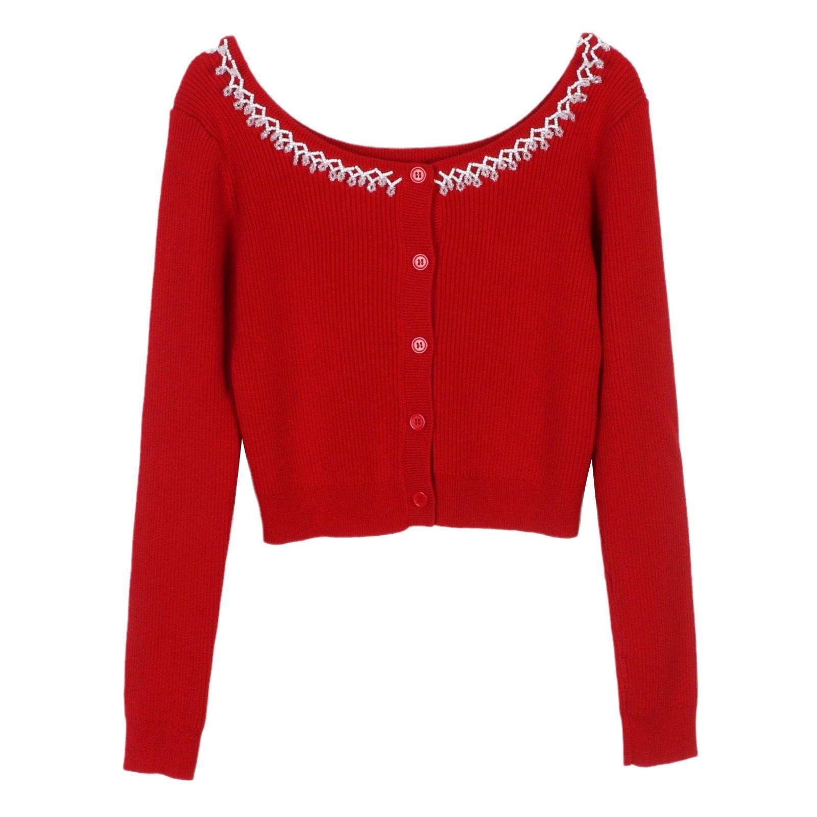 

Женский вязаный кардиган на одно плечо с бисером - Приталенный, короткий во французском стиле для осени и весны Medium