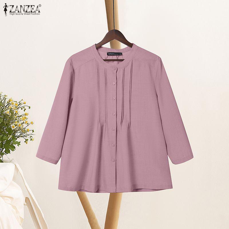 ZANZEA Women Casual Round Neck 3/4 Sleeve Loose Blouse