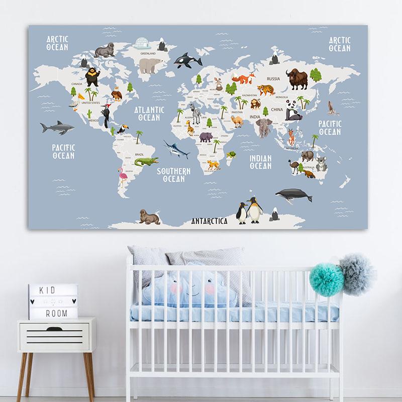 Cartoon Ocean Animal World Map Wall Art Canvas Painting Nordic Posters And Prints Nursery Wall Pictures For Kids Room Decoration