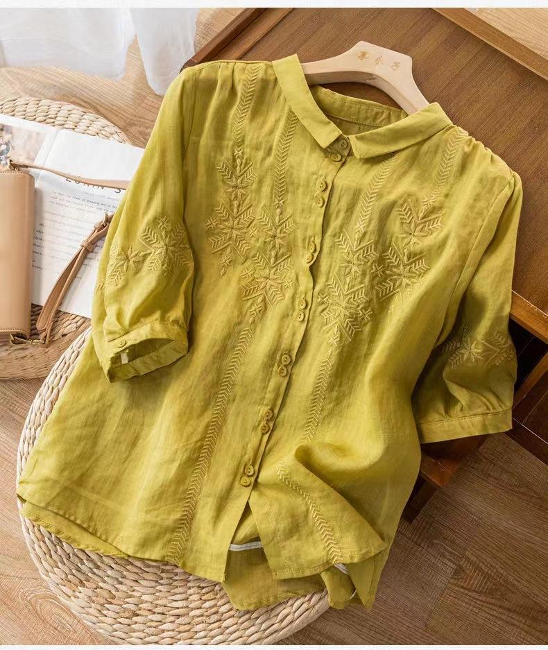 Export medium-sleeved cotton and linen shirt women's embroidery new thin cotton and linen top temperament loose and beautiful shirt women