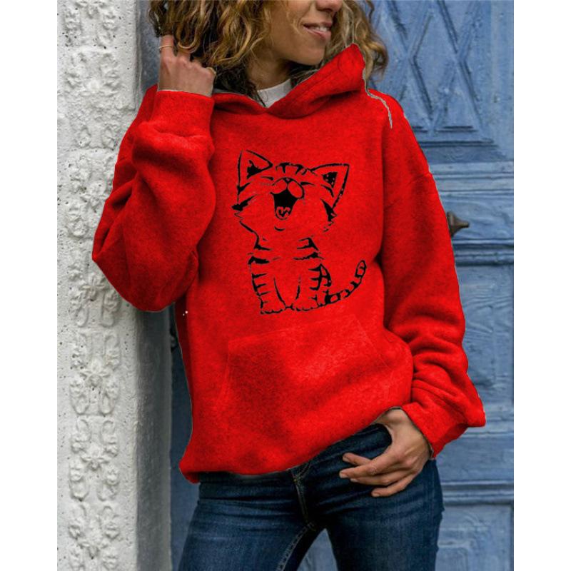 2025 New Solid Color Pullover Sweatshirt Animal Print Round Neck Hooded with Kangaroo Pocket Versatile Casual Women's Tops Coat