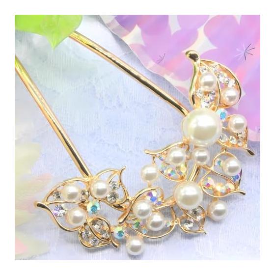 Miaomyao U-Shaped Hairpin, Japanese Style Hair Accessory, Yukata Kimono Hair Comb, Elegant Pink Gold Flower Motif with Zirconia and Faux Pearl, Alloy