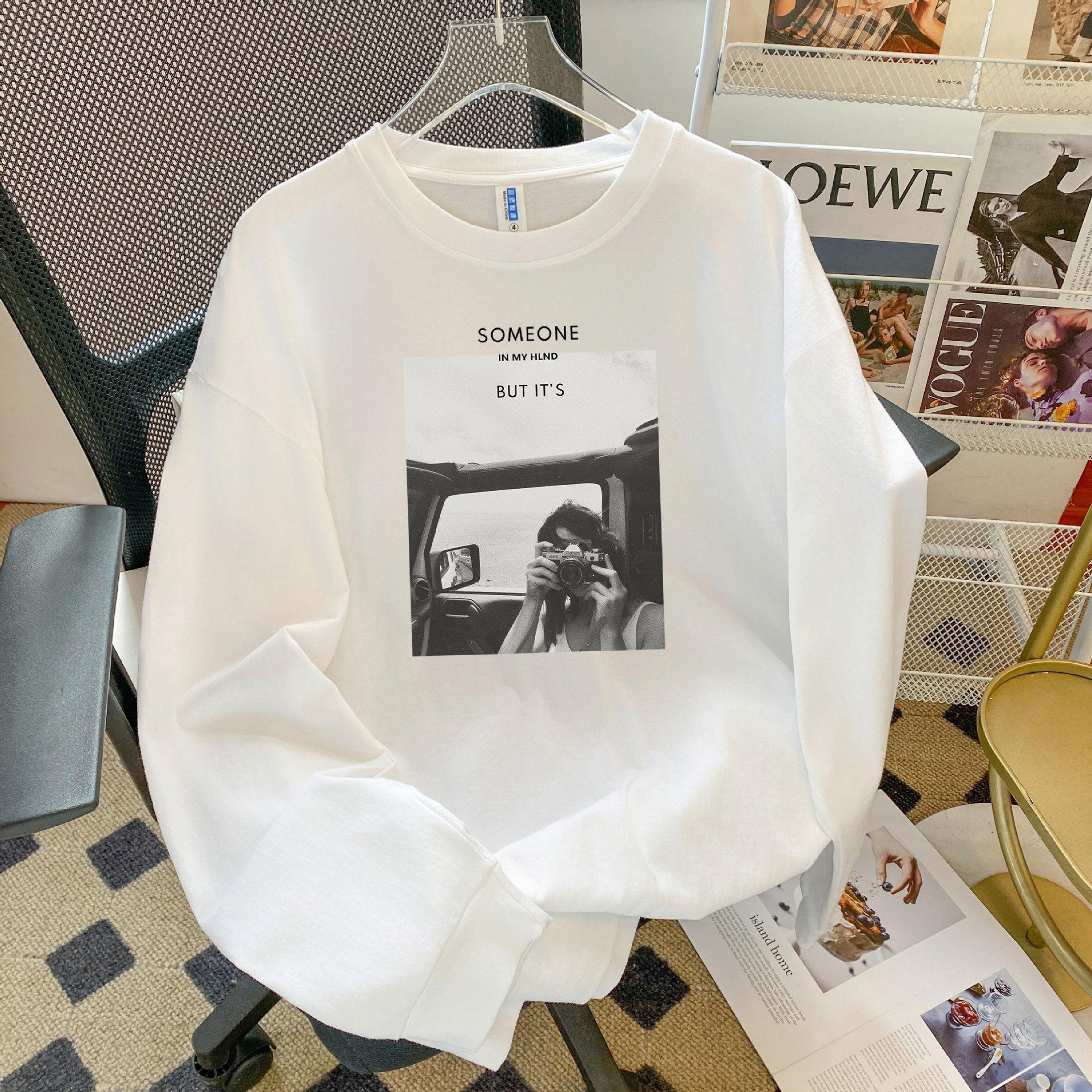 Spring and summer Korea ulzzang new Han Fan beautiful woman character pattern medium and long loose long-sleeved T-shirt women s tide S
