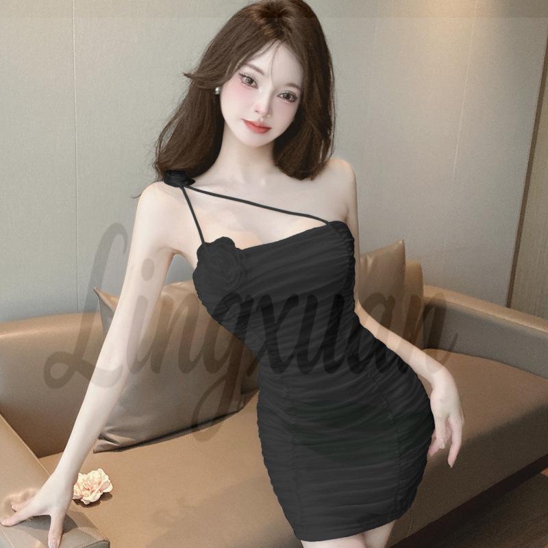 Elegant Off-Shoulder Mesh Camisole Dress for Petite Figures - High-End Bodycon Slip Dress