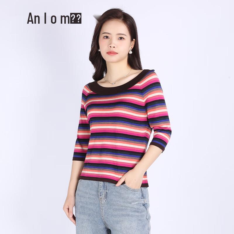 Yanu Mid-Sleeve Striped Color-Block Knit Pullover