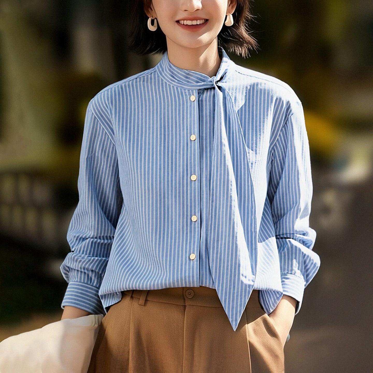 Blue Stripe Ribbon Women s Long Sleeve Cotton Shirt - Spring Style, Elegant and Modern Design Large