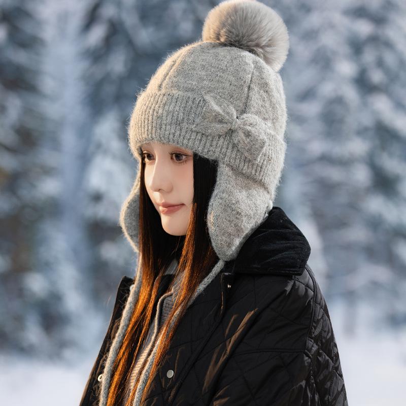 Sweet and Cute Bow Knitted Wool Hat Autumn and Winter Casual Versatile Windproof Ear Protection Hat Outdoor Warm Hat