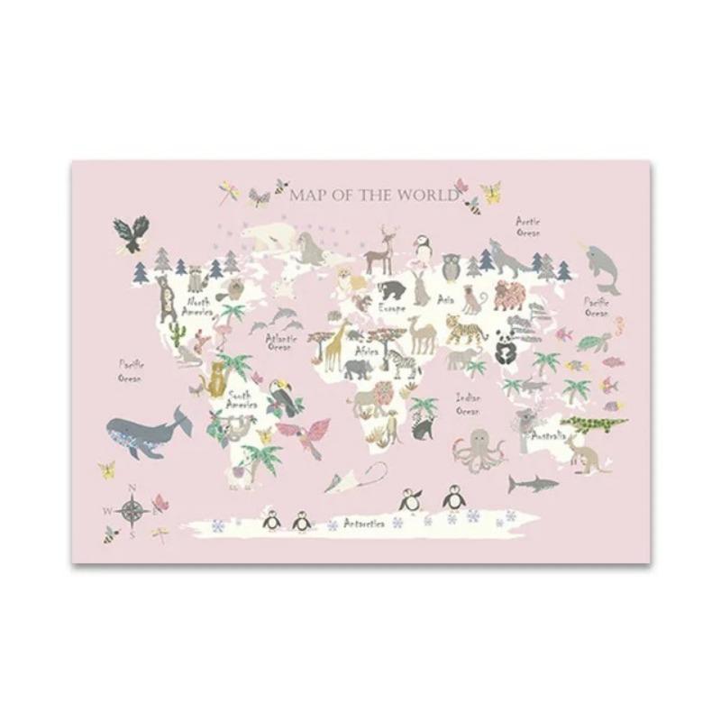 Nursery World Map Poster Stampe Pastello Tema animale Educativo Tela Wall Art Decor Immagini Pittura per la camera dei bambini Decor Art