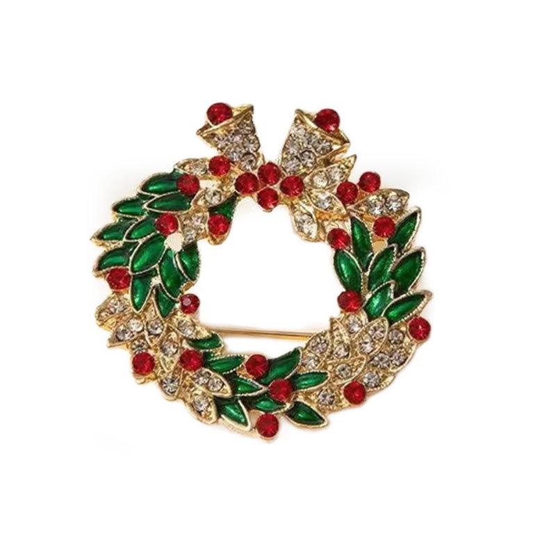 Christmas Brooch for Women European Style Metal Enamel Wreath Brooch with Hollow Rhinestones Elegant Fashion Jewelry for Party Outfits