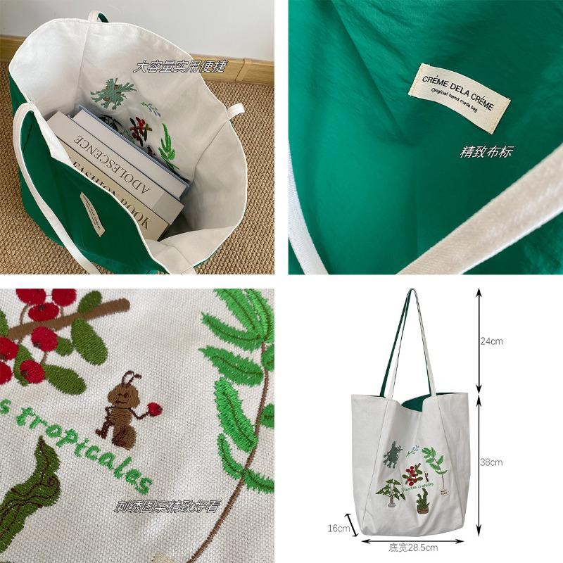 Vintage Plant Embroidered Double-sided Canvas Bag Large Capacity Canvas Bag Fresh Dual-purpose Student Bag Commuter Bag