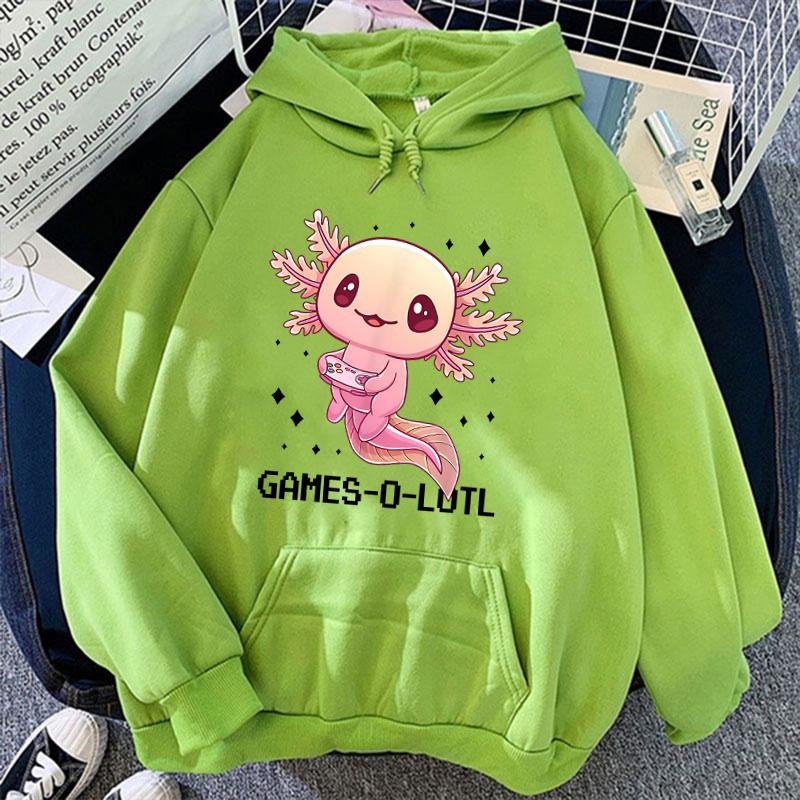 (Unisex hoodie)Cute Game Solotl Axolotl Video Gamer Letter Printing Hoodies Loose Sweatshirt Women Unisex Personality Long Sleeved