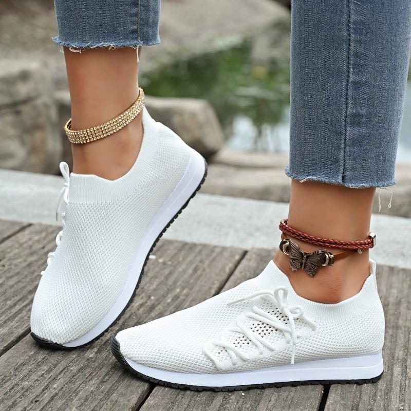 Women's Solid Color Sneakers Breathable Mesh Woven Outdoor Lightweight Low Top Walking Running Sports Socks Shoes
