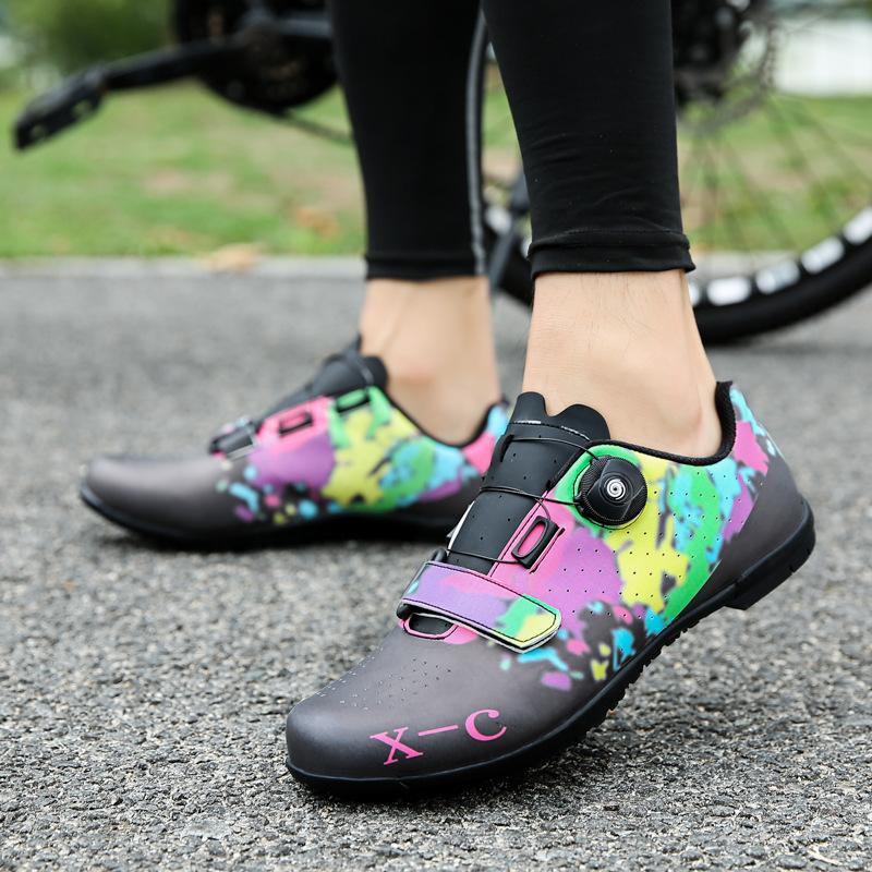 200618 Men's Women's Cycling Shoes Bicycle Lockless Rubber Bottom Road Mountain Lock Leather Surface Rotating Button