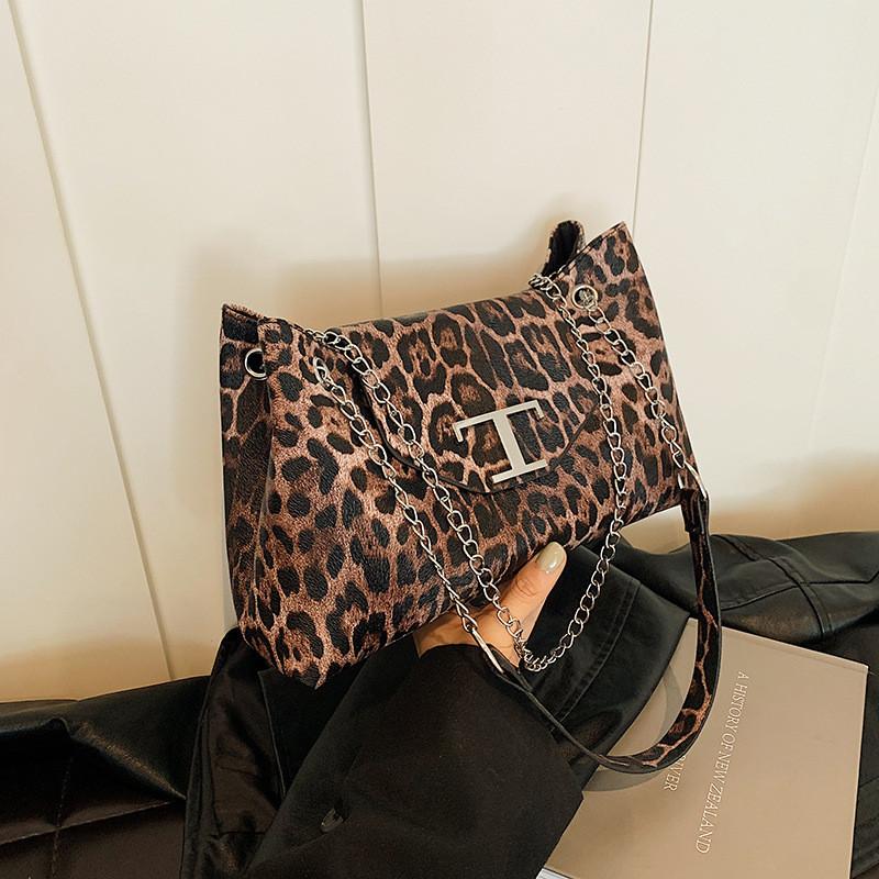 Chic Vintage Leopard Print Chain Shoulder Moon Bag In Black Khaki Brown For Trendy Style