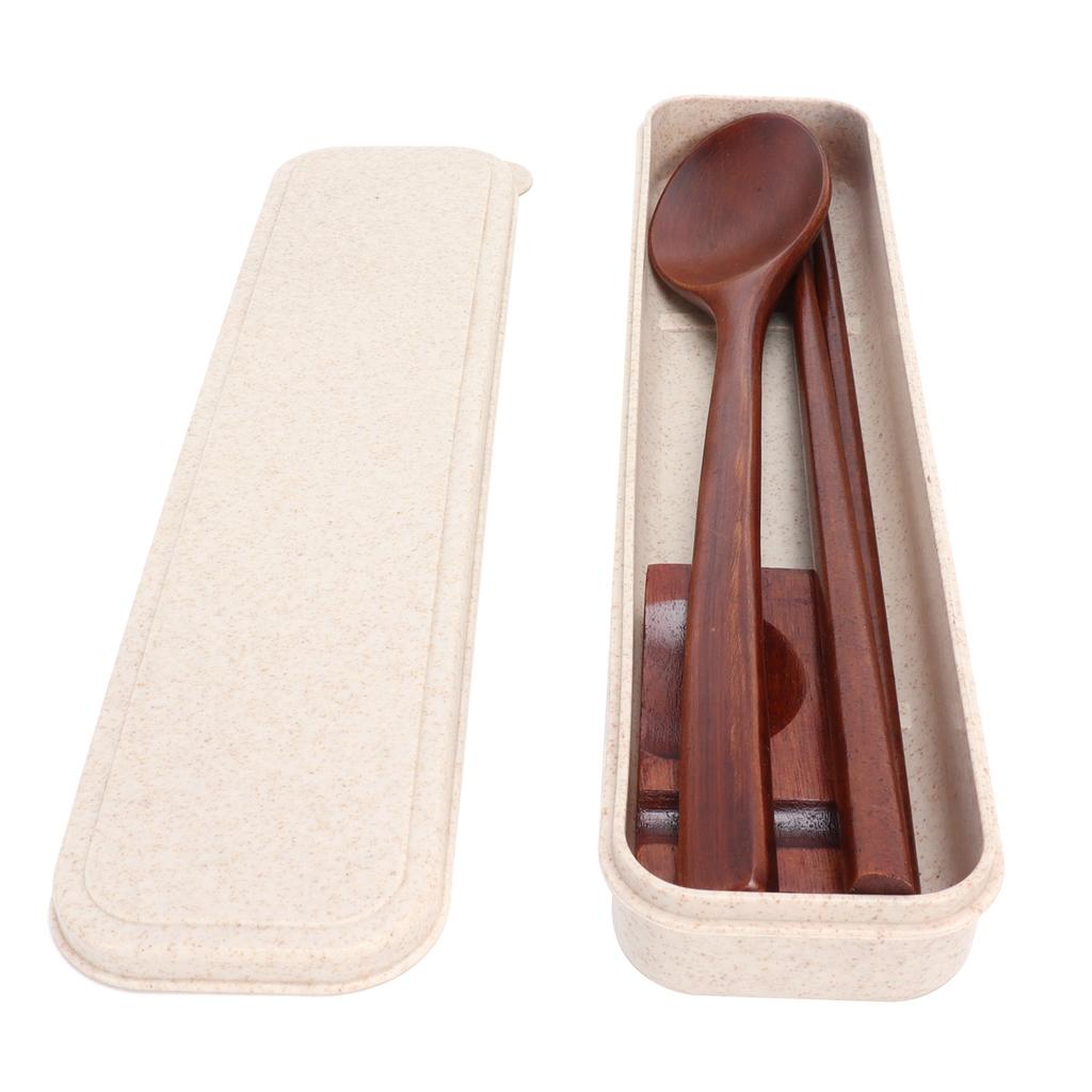 4Pcs/Set Wooden Chopsticks Spoon Tableware Rest with Box Portable Cutlery Set for School Office