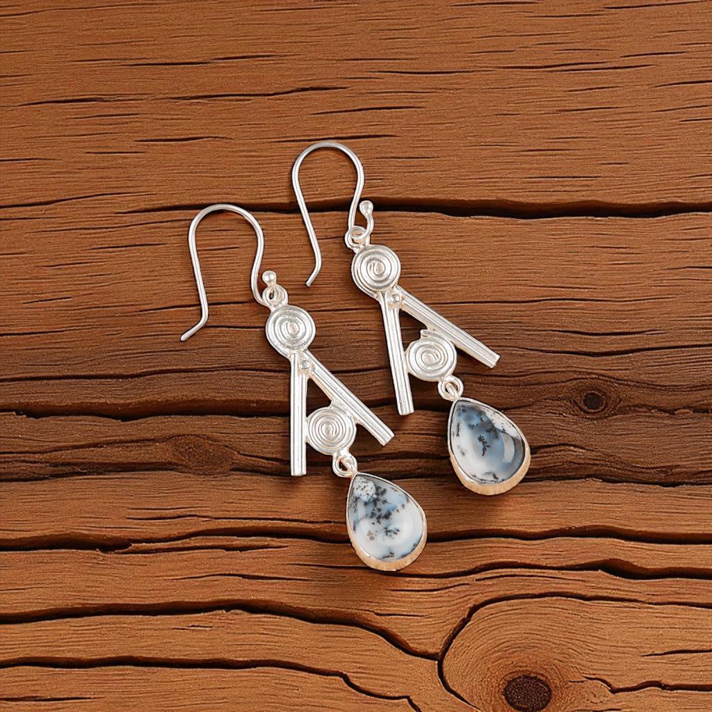 Dendritischer Opal Edelstein 925 Sterlingsilber Schmuck Handgefertigte Hängeohrringe 2.4" EE-86-21