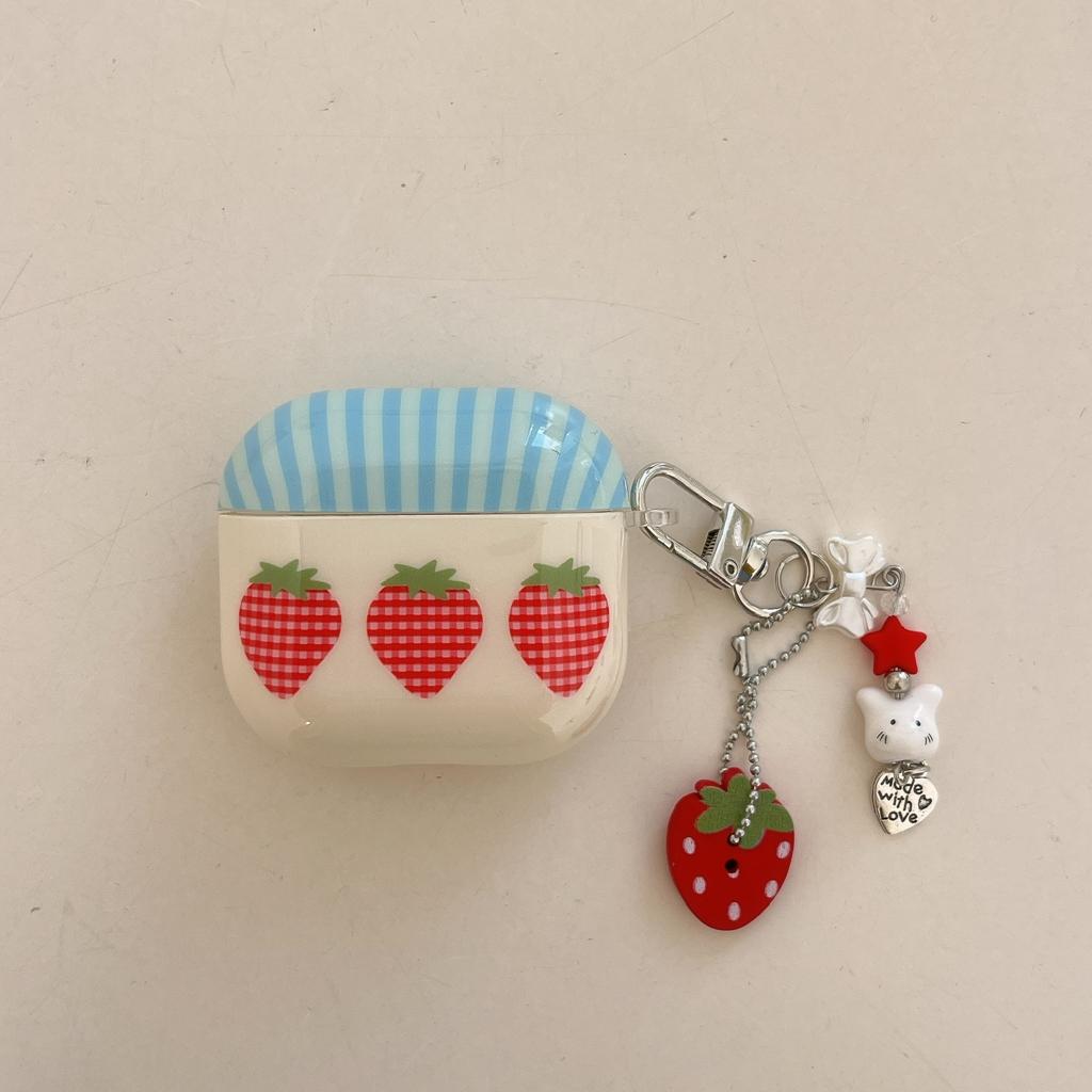 Blue Stripe Cute Plaid Pattern Three Strawberries With Charm Pendant Earphone Case Cover for AirPods 1 or 2 3 4 Pro 2 Pro 3