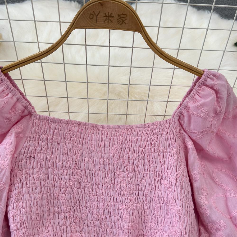 Fashion Dress for Women Square Collar Puff Sleeve A-line Floral Texture Vestido Womens Solid Color Folds Dresses Summer Dropship