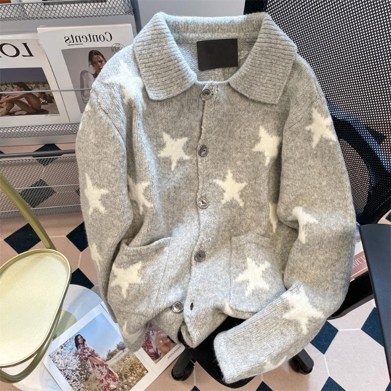 

Женский кардиган жаккардовый со звездами, цветной блок, с двойным карманом, с лацканами, свитер, верхняя одежда, осенняя повседневная мода, женский вязаный топ one size серый