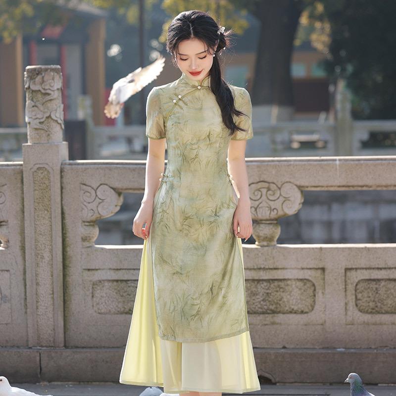 Green thin Aodai national style new Chinese style improved cheongsam new young women s retro daily wear dress M