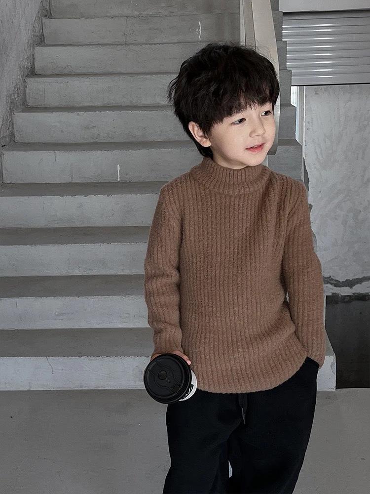 Boys Thick Fleece-Lined Half Turtleneck Solid Knit Base Layer Top for Winter