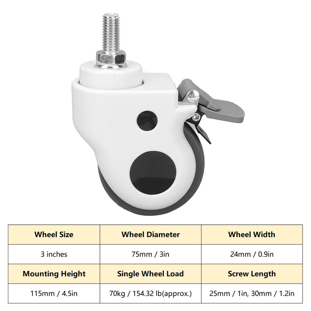 Swivel Casters Wheels Heavy Duty Brake TPR Nylon 154 Lbs 3 Inch Less Noise Medical Table Casters Wheels for Desk