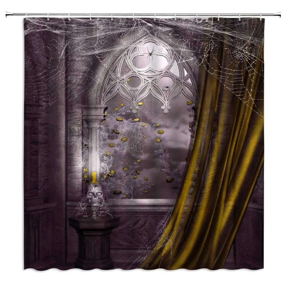 Gothic Shower Curtain Vintage Castle Rose Flower Spider Web Skull Skeleton Horror Halloween Retro Bathroom Decor Fabric Curtain