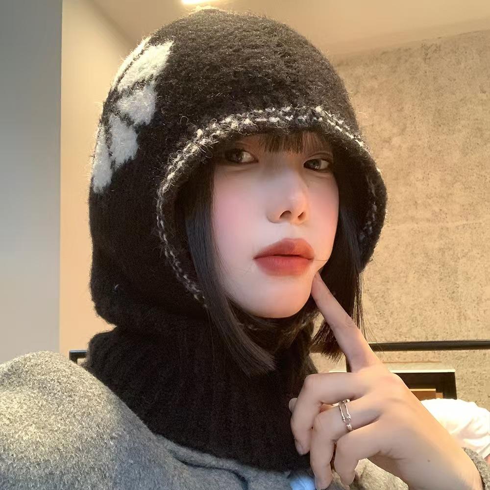 Neck Guard Flower Balaclava Hat Wool Knitted Pullover Hat Casual Ear Protection Hat  Winter/Autumn