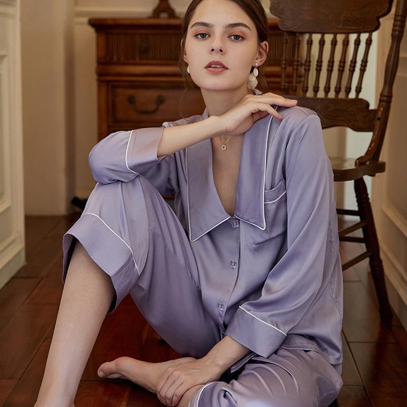 Simulation Silk Pajamas Women'S Spring And Summer Ice Silk Long-Sleeved Court Princess Lapel Loungewear Cover Can Be Worn Outside
