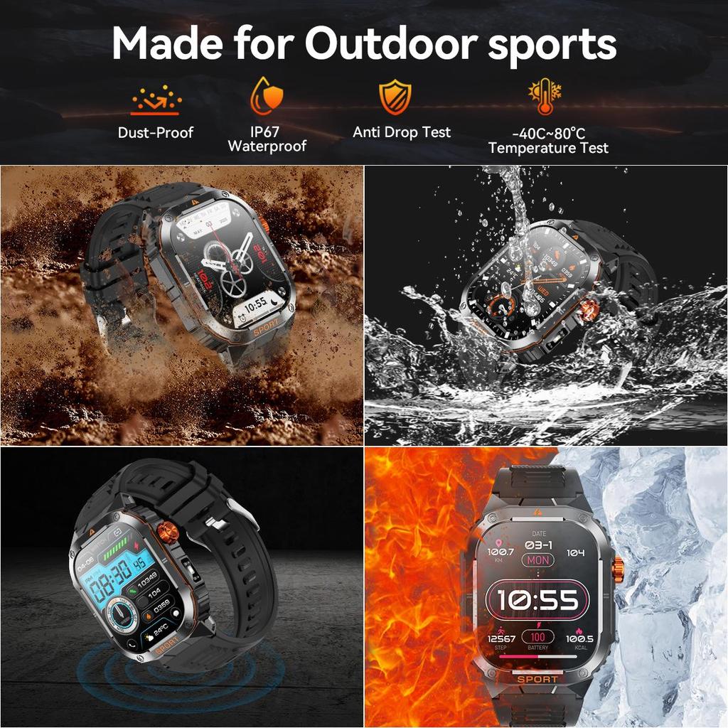 QTLLBT Ceas inteligent militar cu apel Bluetooth, rezistent la apă IP67, monitor de ritm cardiac și tensiune arterială, monitor de fitness și pedometru bărbați femei