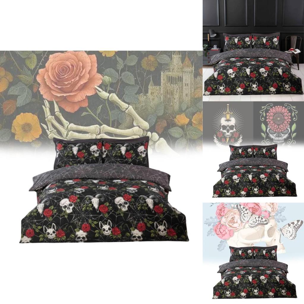 Skull Rose Reversible Duvet Cover Set With Digital Print For Halloween Themed Bedroom
