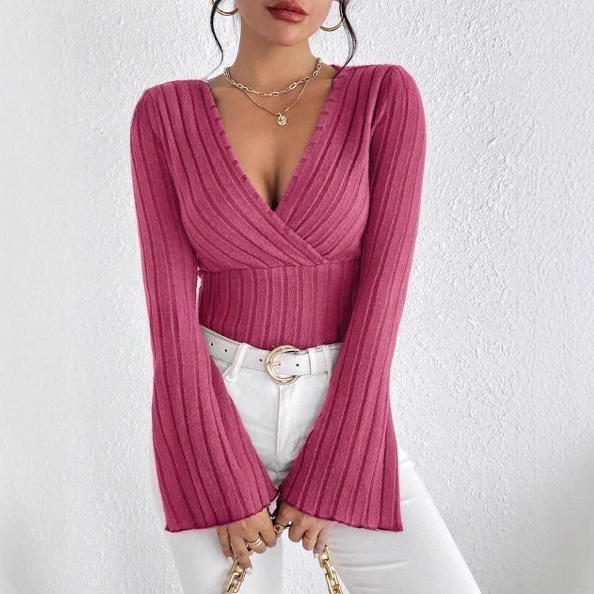 Women's V-Neck Ribbed Slim Long-Sleeve Autumn/Winter T-Shirt