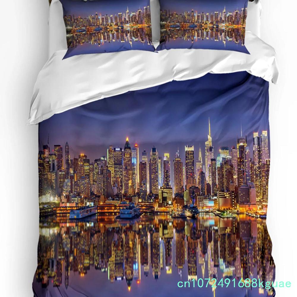 Urban 3pcs Bedding Set Manhattan Sunset Skyline New York City Duvet Cover Set Bed Set Quilt Cover Pillow Case Comforter Cover